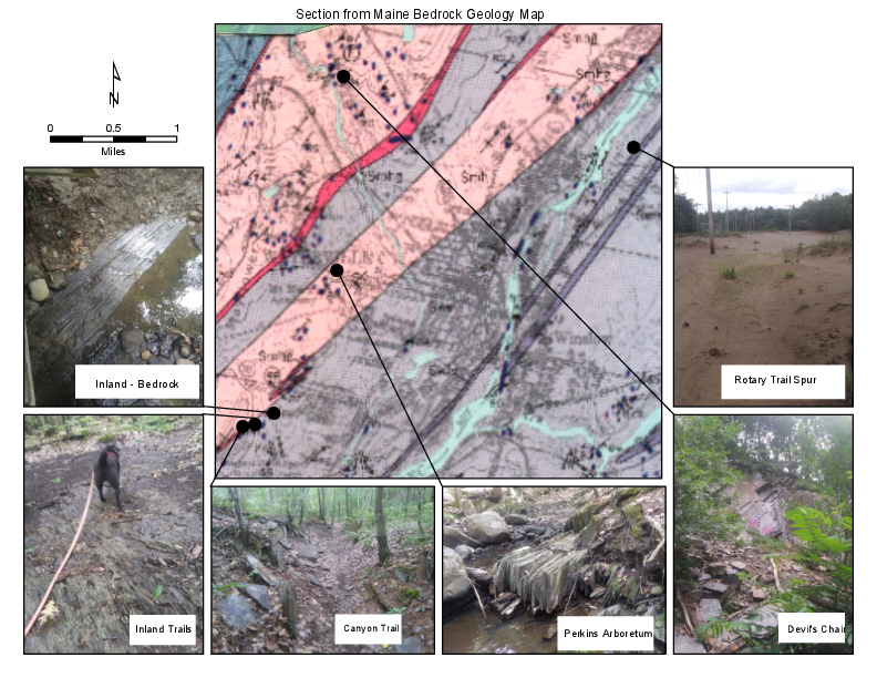 The image above is a section of the Maine Bedrock Geology Map. The colors represent different types of bedrock. (Purple is known as Waterville Formation and pink is called Mayflower Hill formation. You will find more details about these rock formations at this site.